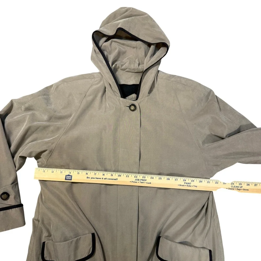 Vintage Tan Hooded Duster Coat Black‎ Piping Maxi Trench Dark Academia Size 10